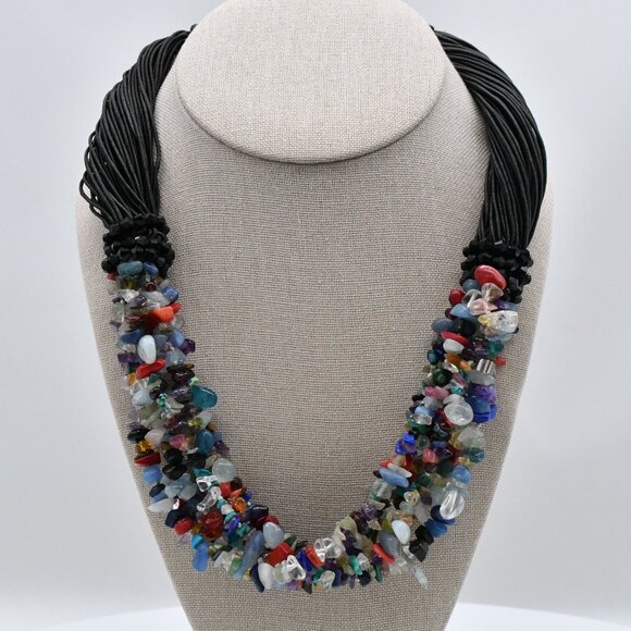 Vintage Multi-Gem Black Cord & Chip Stone Necklace 20 3/4" - Picture 1 of 7